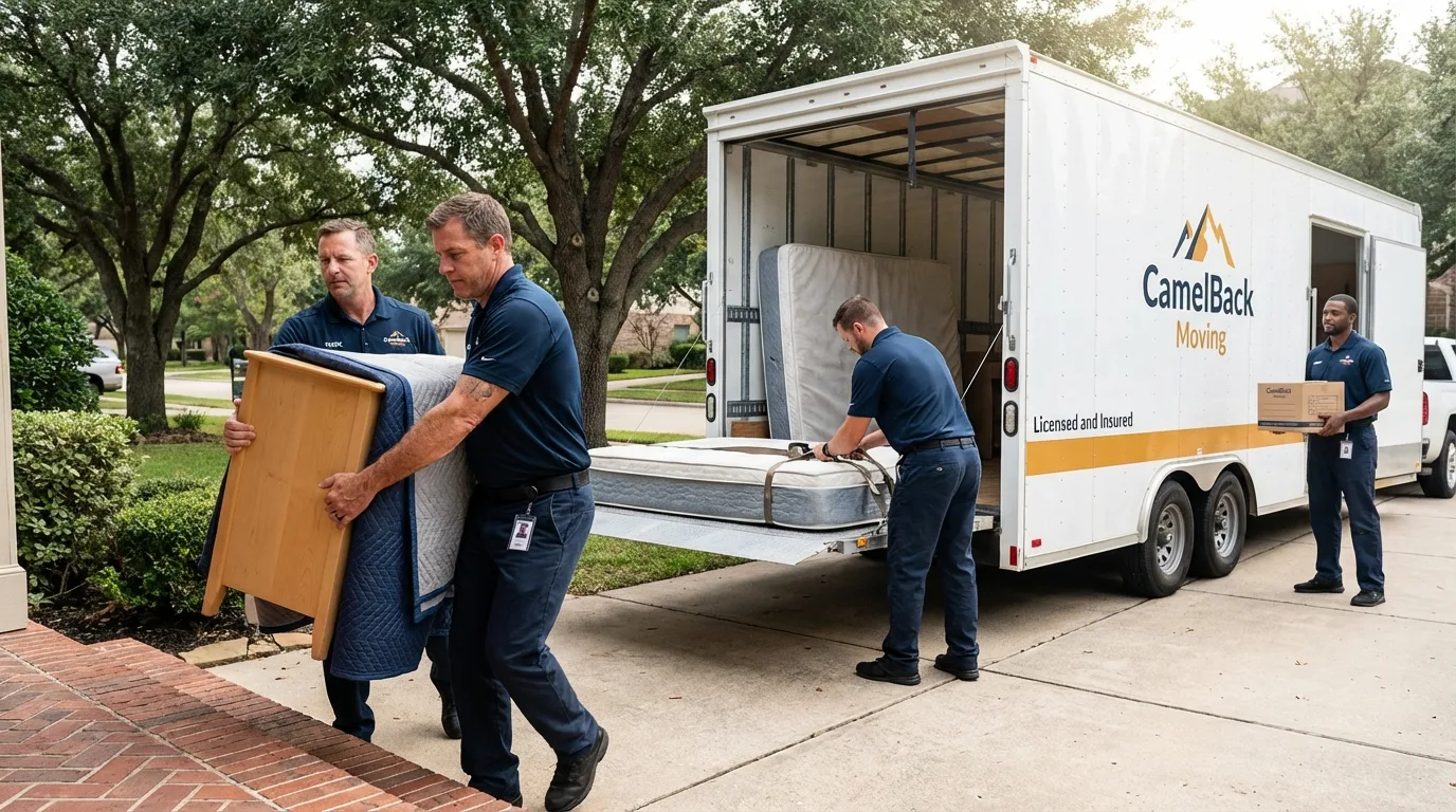 Crew loading residential truck for cross-state move from Rowland, NC