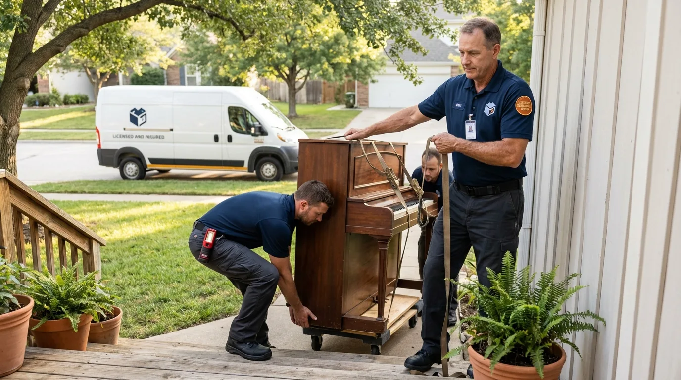 Licensed piano movers securing grand piano in Rowland, NC