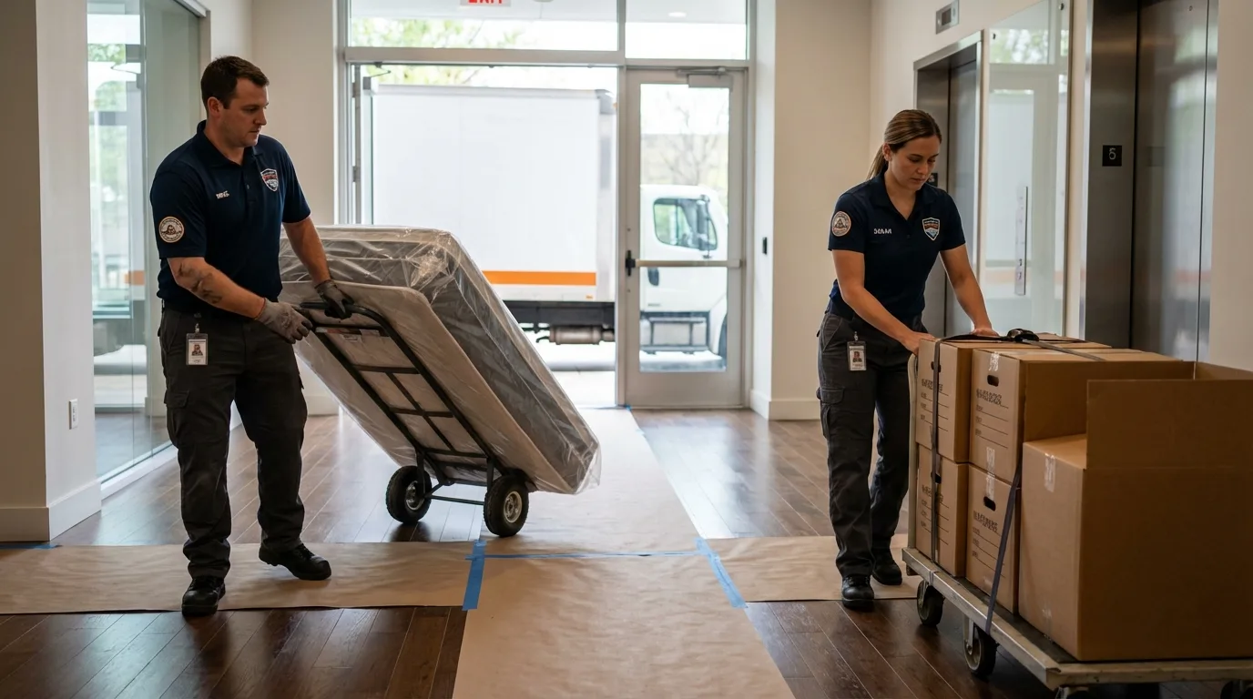 Professional apartment movers loading elevator in Rowland, NC